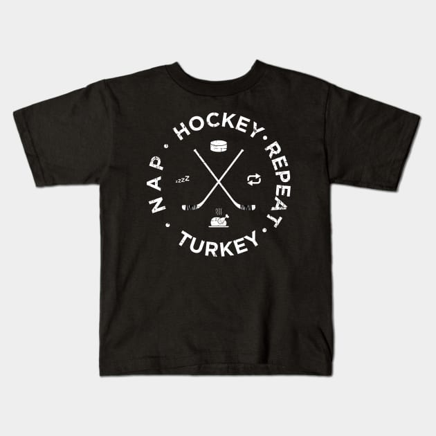 Distressed Hockey Turkey Nap Repeat Funny Thanksgiving Kids T-Shirt by teeleoshirts